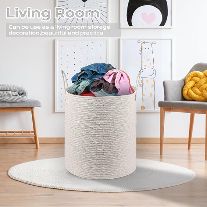 Cotton Rope Laundry Basket Hamper for Girls Kids Baby Nursery Hamper Bin Woven Storage Basket for Living Room cute laundry basket Tall Laundry Basket for Blanket Toy storage bin&box(White)