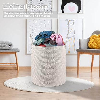 Cotton Rope Laundry Basket Hamper for Girls Kids Baby Nursery Hamper Bin Woven Storage Basket for Living Room cute laundry basket Tall Laundry Basket for Blanket Toy storage bin&box(White)