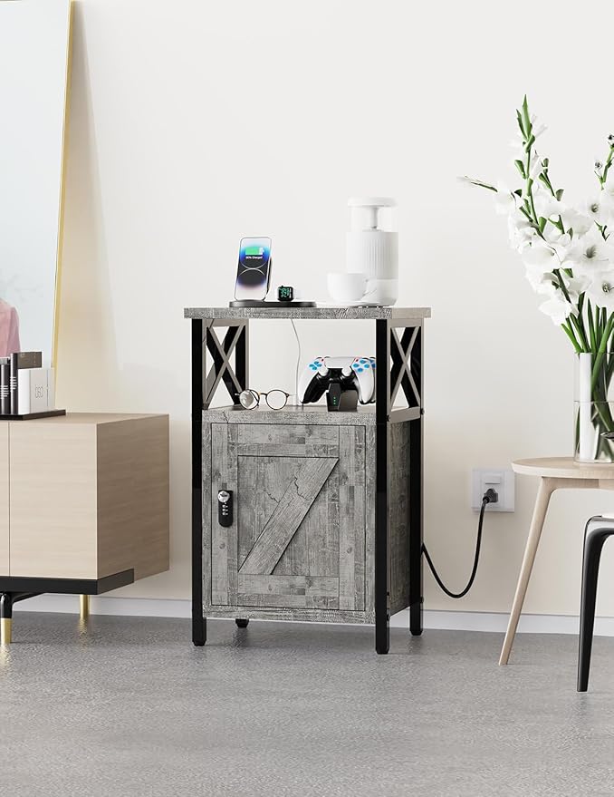 Wooden Nightstand with Lock, Bed Side Table with Drawers, Bedside Table with Charging Station, 3 USB & 2 Outlets, Night Stand with Cabinet Storage, End Tables for Bedroom, Ash Grey