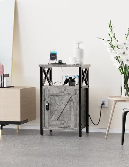 Wooden Nightstand with Lock, Bed Side Table with Drawers, Bedside Table with Charging Station, 3 USB & 2 Outlets, Night Stand with Cabinet Storage, End Tables for Bedroom, Ash Grey
