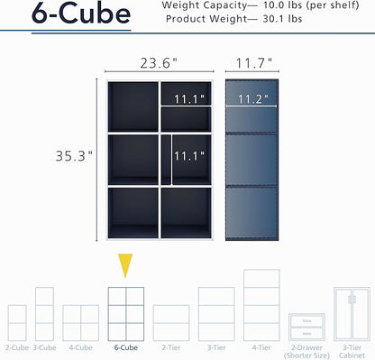 Homes: Inside + Out Apexa 6-Cube Storage Organizer Shelves, Stackable Wood Bookcase Fits Cubby Bins for Organization, Dorm Teen Room Decor & Home Office, Steel Blue