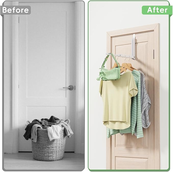 Over Door Hooks,Over the Door Clothes Hanger with 10 Ridges,Space-Saving Over the Door Drying Rack,Door Hooks for Hanging Clothes,Larger Capacity Over the Door Hanger (1, White)