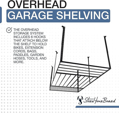 StoreYourBoard 4X8 Garage Storage Rack with Hooks, Ceiling Shelf Overhead Organization, Heavy Duty Steel Platform Holds 700 lbs, 96 in. x 48 in. x 40 in.