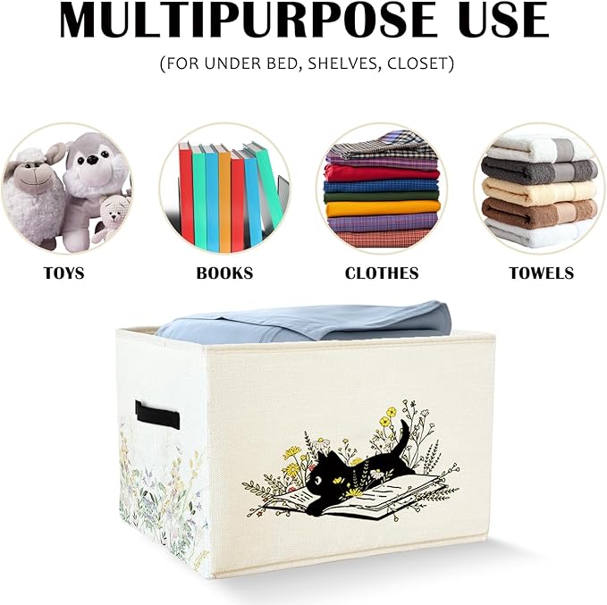 Black Cat Floral Storage BasketBins With Handles for Girls Kids, Floral Cat Foldable Organizer Basket Toybox for Girls Room Nursery Bedroom Bathroom Clothes Toys Books