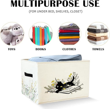 Black Cat Floral Storage BasketBins With Handles for Girls Kids, Floral Cat Foldable Organizer Basket Toybox for Girls Room Nursery Bedroom Bathroom Clothes Toys Books