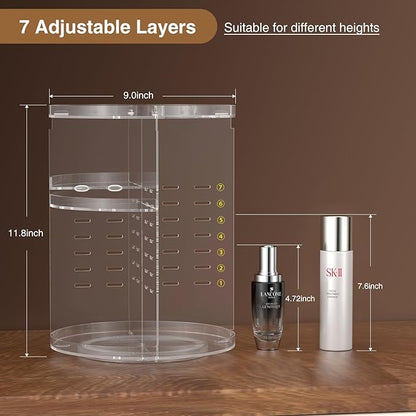 360° Rotating Makeup Organizer, DIY 7 Adjustable Layers Spinning Holder, Large Capacity Cosmetic Storage Box Skincare Perfume Organizer for Vanity Countertop (Small Ultra Clear)