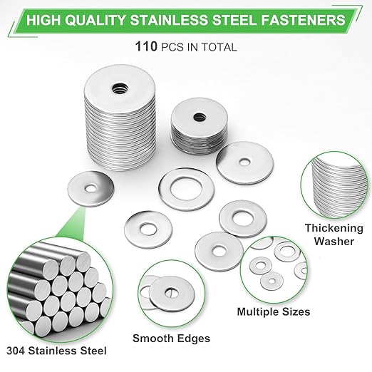 110 Pcs 304 Stainless Steel Metal Flat Washers for Screws and Bolts, Fender Washers Assortment Kit (12 Sizes M3-M12) for Automotive, Industrial & Home Use