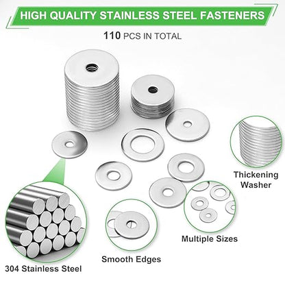 110 Pcs 304 Stainless Steel Metal Flat Washers for Screws and Bolts, Fender Washers Assortment Kit (12 Sizes M3-M12) for Automotive, Industrial & Home Use