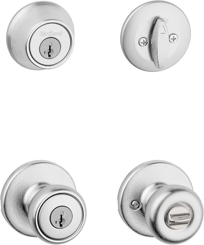 Kwikset Tylo Front Door Lock Handle and Deadbolt Set, Entry Handleset Exterior with Interior Door Knob, Satin Chrome, Pick Resistant SmartKey Rekey Deadbolt Security