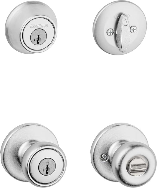 Kwikset Tylo Front Door Lock Handle and Deadbolt Set, Entry Handleset Exterior with Interior Door Knob, Satin Chrome, Pick Resistant SmartKey Rekey Deadbolt Security