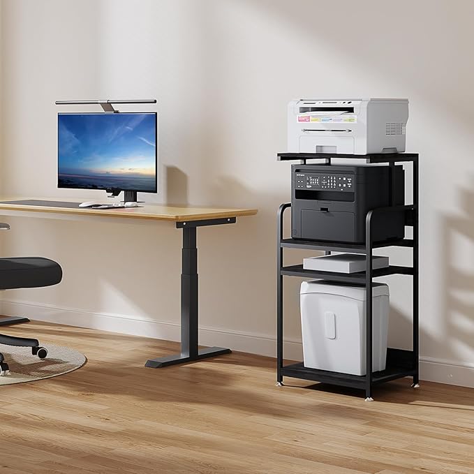 4 Tier Printer Stand with Wheels, Extra Large Tall Printer Table for Home Office, Printer and Shredder Stand with Storage Shelf (Black)
