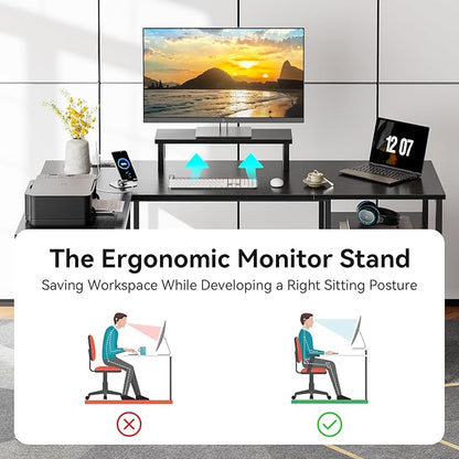 Furologee L Shaped Computer Desk with Power Outlet, Reversible Home Office Desk for Work Study, 50 Inch Corner Gaming Table with File Drawer, Monitor Stand, Storage Shelves, Black