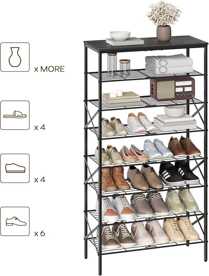 8 Tier Shoe Rack, Large Capacity Shoe Storage Organizer Holds 32 Pairs, Sturdy and Stable, for Entryway, Hallway, Closet, Dorm Room, Charcoal and Black SS08BC
