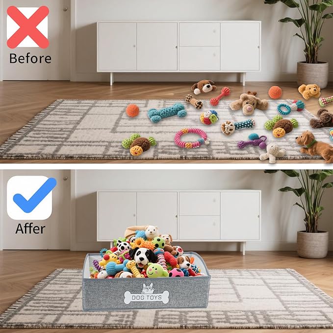 JIABEIUS Dog Toy Box, Foldable Dog Toy Storage Organizer, Fabric Toy Basket with Handle, Pet Storage Box for Pet Supplies, Dog and Cat Toys, Collars, Clothes, Treats, (Grey)