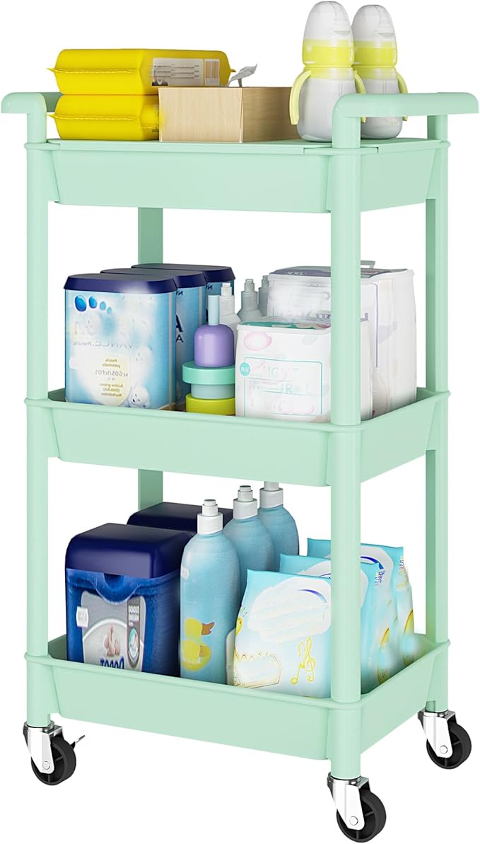 3-Tier Utility Rolling Cart with Cover Top Board, Mobile Utility Cart with Lockable Casters Multi-Functional Storage Trolley for Office, Bathroom, Kitchen, Garden, Laundry Room (Green)