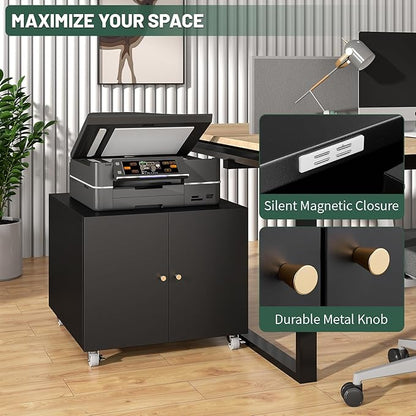 Printer Stand with Storage Cabinet with Wheels,3D Heavy Duty Metal Large Printer Table with Adjustable Shelf for Home Office, Mobile Printer Cart,Black,17.72" H