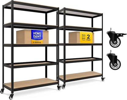 HOMEDANT House 5 Tier Heavy Duty Garage Shelving Adjustable Metal Rack Storage Shelves Standing Shelf Unit Organizers Pantry Closet Office (2, Black, (Wheels) 48.1" W x 18.5" D)