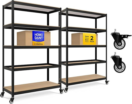 HOMEDANT House 5 Tier Heavy Duty Garage Shelving Adjustable Metal Rack Storage Shelves Standing Shelf Unit Organizers Pantry Closet Office (2, Black, (Wheels) 48.1" W x 18.5" D)