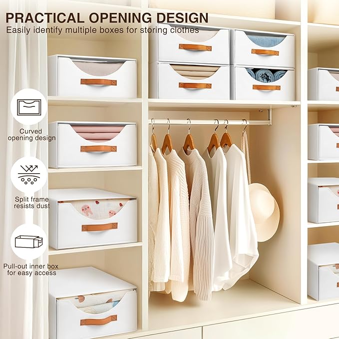 Large Stackable Storage Bins - Fabric Pull-out Closet Shelf Organizer, Linen Closet Organizers and Storage, Decorative Storage Boxes for Bedroom, Office, Dorm, 3 Pack, White