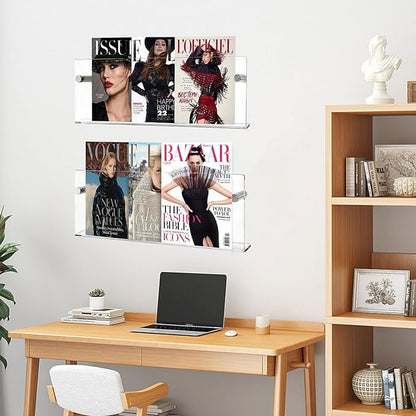 2 Pcs Clear Acrylic Magazine Holder Wall Mount, Hanging Bookshelf Magazine Rack, Floating Bookshelf for Literature Pamphlet Organizer for Room Office, Reception Area with Mounting Kit (Clear, 17 Inch)