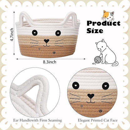 Zopeal Cat Basket Storage Woven Organizer with Ears Easter Decorative Gift Pet Toy Cute Cotton Rope Basket for Gift Cat Dog Toy Bin Nursery Room(8.3 x 4.7 Inch,White Khaki Brown)