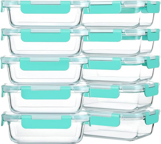M MCIRCO 10-Pack 22 Oz Glass Meal Prep Containers with Lids - Microwave, Oven, Freezer & Dishwasher Safe - Green