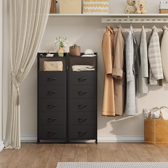 Somdot Tall Night Stand for Bedroom,Tall 5 Drawers Dresser, Vertical Storage Tower Unit, Nightstand Furniture with Fabric Drawer Organizer in Bedside Kids Dorm Room Closet Laundry Entryway,Black