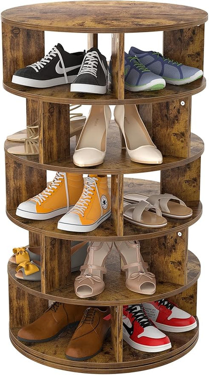 Aheaplus Rotating Shoe Rack, 5-Tier Wood Shoe Organizer for Closet, 360° Spinning Shoe Rack Tower Space-Saving Shoe Storage Shelf for Entryway, Garage, Bedroom, Rustic Brown
