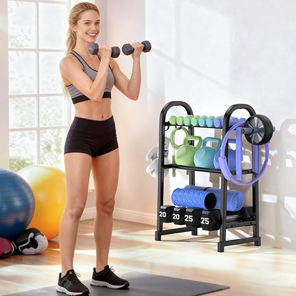 3 Tier Dumbble Rack - 360LB Capacity Adjustable Dumbbell Storage Rack Space-Saving Home Gym Weight Rack For Dumbbells And Kettlebells With Hooks (Dumbbell Rack Stand Only)