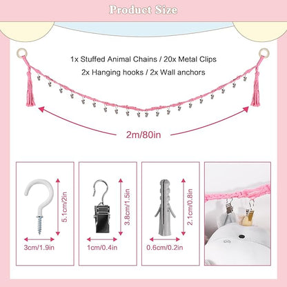 1/2 pcs 80" Cotton Hanging Storage Chain for Stuffed Animals Storage with 20 Metal Clips, Stuffed Animal Organizer Chain for Wall Corner Nursery Play Room, Pink