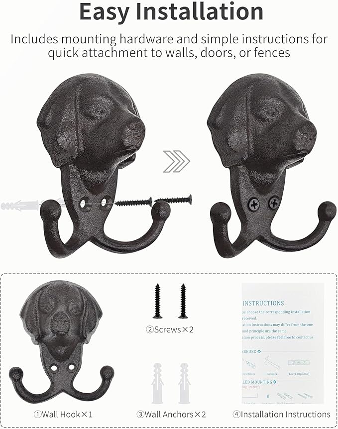 Cast Iron Wall Hooks - Rustic Dog Head Leash Holder, Wall Mount Coat Hooks, Heavy Duty Double Key Hook, Decorative Vintage Hanger for Entryway, Mudroom, Farmhouse Animal Decor 1 Pack