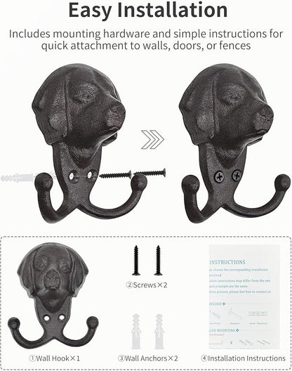 Cast Iron Wall Hooks - Rustic Dog Head Leash Holder, Wall Mount Coat Hooks, Heavy Duty Double Key Hook, Decorative Vintage Hanger for Entryway, Mudroom, Farmhouse Animal Decor 1 Pack