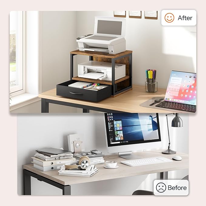 HOOBRO 2-Tier Desktop Printer Stand with Drawer, Under-Desk Printer Table with Storage Shelf, for Home Office, Kitchen, Fax Machine, Scanner, Rustic Brown BF07PS01