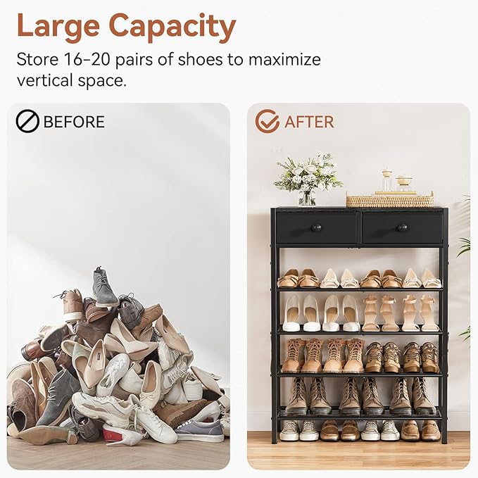 Shoe Rack for Entryway, 5 Tier Shoe Organizer with 2 Non-Woven Drawers, Metal Storage Shoe Shelf for 16-20 Pairs of Shoes, with Wooden Top and Steel Frame, Shoe Stand for Closet Charcoal