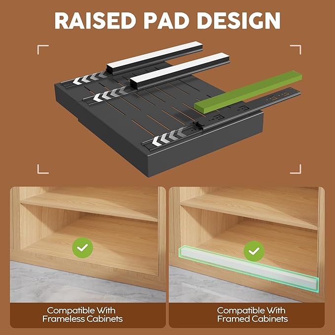 6Pack Expandable Pull Out Cabinet Organizer 21"Deep with Raising Pad for Framed Cabinets,Slide Out Drawers with 4pcs Divider Racks,Roll Out Shelves Adhesive,Adjustable Width 12.05"-20.4"Black