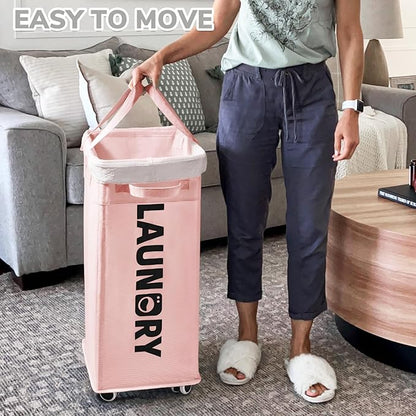CHICVITA Slim Laundry Hamper with Wheels 75L, Collapsible Rolling Laundry Basket for Living Room, Pink Laundry Hamper for College Dorm