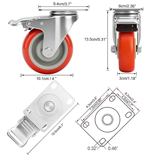 4 Inch Industrial Heavy Duty Swivel Caster Wheels with Brake,Set of 4 Safety Locking Casters,Load 2000lbs,Premium Polyurethane Wheels for Table,Trailer,Saw Table,Stage Toolbox,Bed,Corn Board