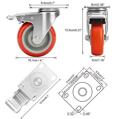 4 Inch Industrial Heavy Duty Swivel Caster Wheels with Brake,Set of 4 Safety Locking Casters,Load 2000lbs,Premium Polyurethane Wheels for Table,Trailer,Saw Table,Stage Toolbox,Bed,Corn Board