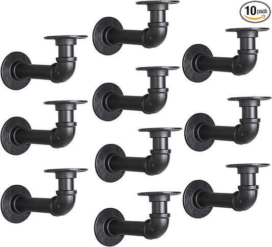 Industrial L Pipe Shelf Brackets for 7-14 In Depth Wood,Heavy-Duty 3/4" Iron,Wall Mount Floating Shelf Bracket L Metal Pipe Shelving Brackets for Wood-Black DIY Pipe Shelves(6.7*3.1 Inch 10 Pack)