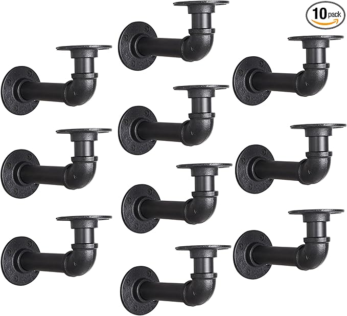 Industrial L Pipe Shelf Brackets for 8-16 in Depth Wood,Heavy-Duty 3/4" Iron,Wall Mount Floating Shelf Bracket L Metal Pipe Shelving Brackets for Wood-Black DIY Pipe Shelves(7.5*3.1 Inch 10 Pack)