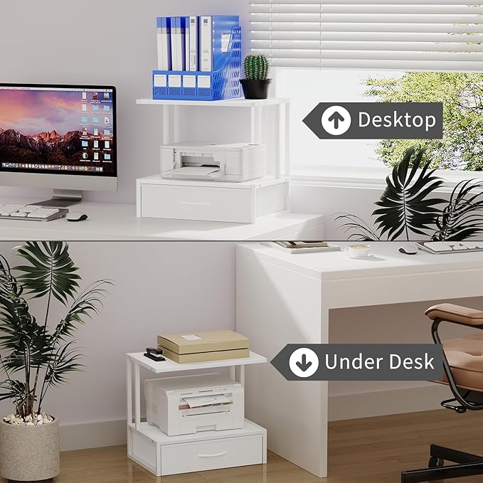 Printer Stand with Storage for Desk, with Fabric Drawer Desktop Printer Stand Shelf Organzier for Home Office, for Above and Under Desk Printer Table, Fax Machine Copier Scanner, White