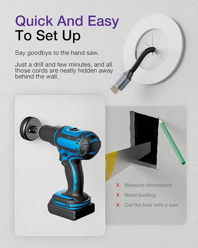 VCELINK in Wall Cable Management Kit (3.79 inch/96 mm) with Hole Saw Drill Attachment and Mounting Brackets, Hide TV Cords for Network, HDMI, Coax, Speaker Cables, 2-Pack