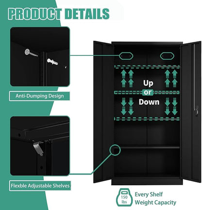 Black Metal Storage Cabinet with Door, Locking Steel Cabinet with 4 Adjuestable Shelves, Tall Lockable Garage Tool Storage Cabinet for Home, Office, Pantry, Assembly Required