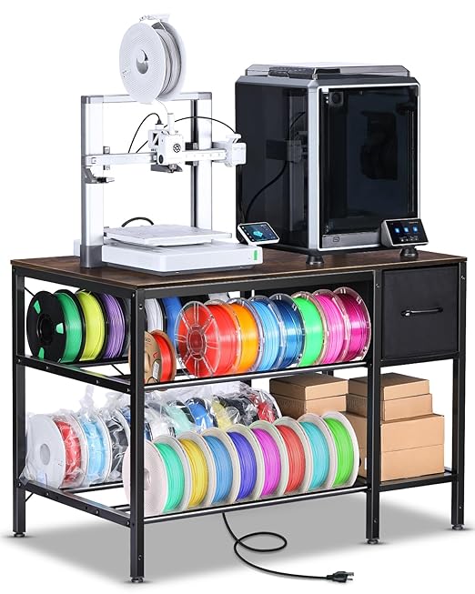 3D Printer Table with Filaments Storage - 3D Printer Stand Filament Storage Rack Heavy Duty 3D Printer Desk with Drawer for Workshop Studio Office (Brown)