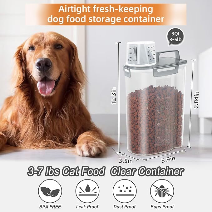 Airtight Small Cat Dog Pet Food Storage Containers BPA Free, with Large Pour Spout/1 Measuring Cup/ 4 Safety Locks and Double-layer Silicone Strip (Clear Grey x 2, 3L-2pack)