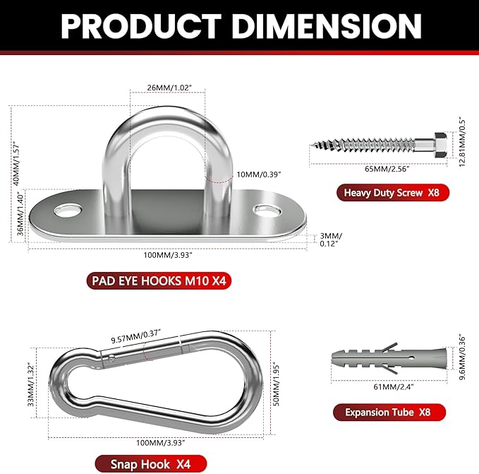 sprookber 304 Stainless Steel Pad Eye Snap Hooks, M10 Heavy Duty Ceiling Hooks, 1700lb Capacity Hammock Swing Hanging kit, Plant Hangers, Marine Hardware Staple Hook Loop with Screws, Set of 8