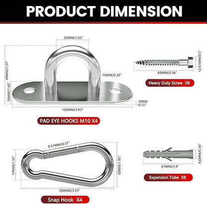 sprookber 304 Stainless Steel Pad Eye Snap Hooks, M10 Heavy Duty Ceiling Hooks, 1700lb Capacity Hammock Swing Hanging kit, Plant Hangers, Marine Hardware Staple Hook Loop with Screws, Set of 8