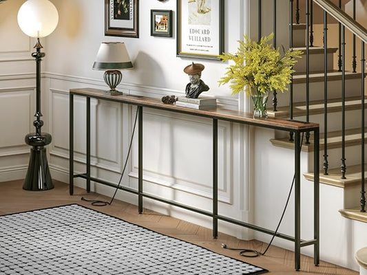 102.4" Behind Couch Table with 2 Fast Charging Stations, 7.1" Narrow Skinny Sofa Table with 4 Power Outlets, 4 USB-A, 2 USB-C for Console Entryway, Rustic Brown