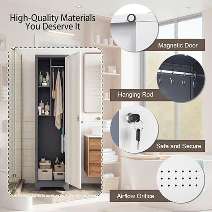 65" H Slim Broom Closet Storage Cabinets, Utility Cabinet for Brooms and Mops, Steel Cleaning Tool Cabinet with Hanging Rod & S-Hooks for Bathroom, Garage