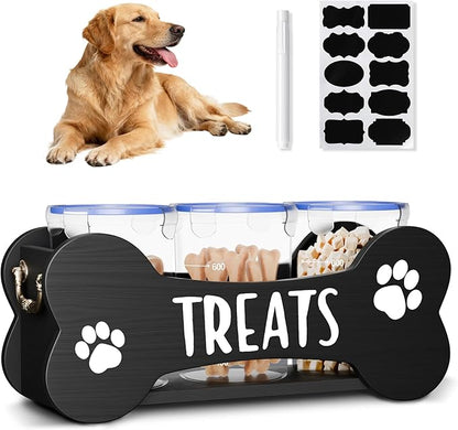 WGFKVAS Dog Treat Storage Containers, 3 Jar Countertop Organizer with Airtight Lids, Black Wooden Pet Food Dispenser for Dogs & Puppies, Perfect Food Storage Solution and Gift for Dog Owners